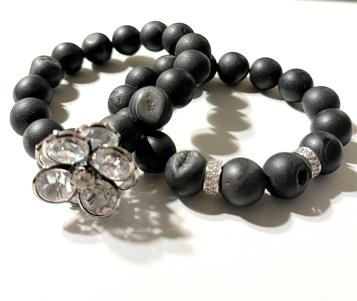 Black Druzy Wristlet with Silver Vintage Button