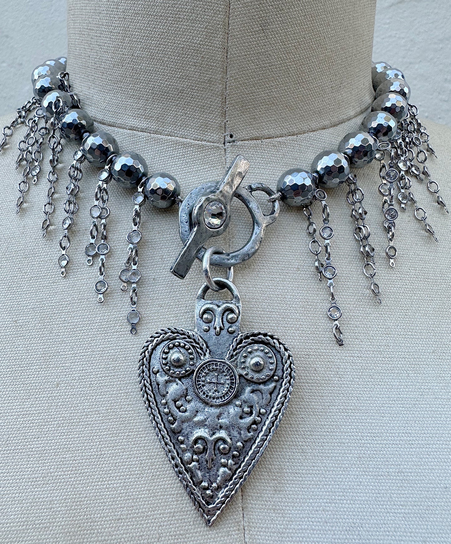 Silver Hematite Sacred Heart Fringe Necklace