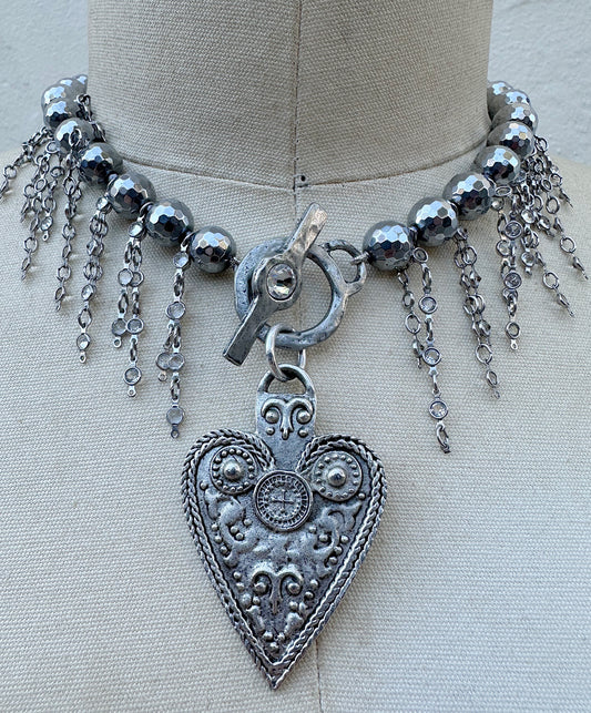 Silver Hematite Sacred Heart Fringe Necklace