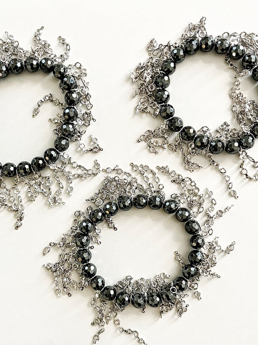 Gatsby Hematite Silver Fringe Wristlet