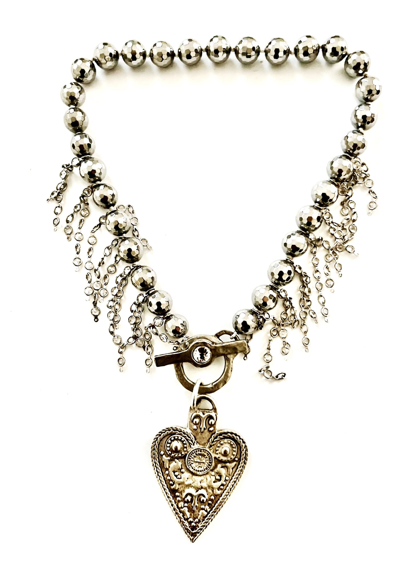 Silver Hematite Sacred Heart Fringe Necklace