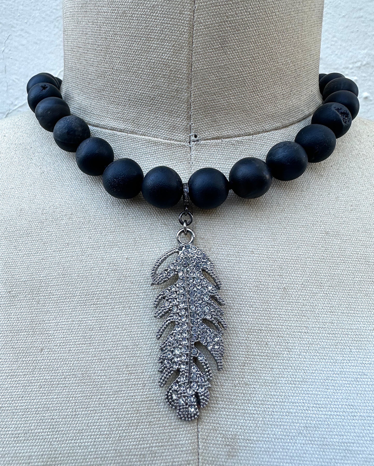 Black Druzy Crystal Feather 15"